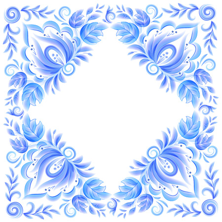Blue painted style flowers vector frame or shawl design with white space insideのイラスト素材