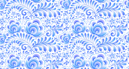 Blue floral motif in Russian gzhel style vector seamless pattern tileのイラスト素材