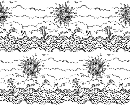 Doodle style hand drawn surfing vector seamless pattern tile with surfer, ornate sun, fishes and funny whale on the ocean waves on cloudy sky background. Line art coloring book summer illustration.のイラスト素材