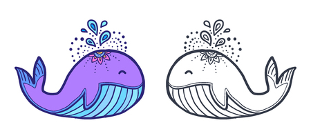 Cute funny whale coloring book vector illustration in two variants: colored sample and black contour for coloring.のイラスト素材