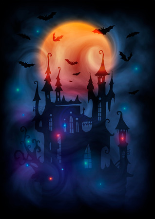 Magic colors giant full moon, witch castle dark silhouette, bats and mystic lights in fog. Halloween poster vector background.のイラスト素材