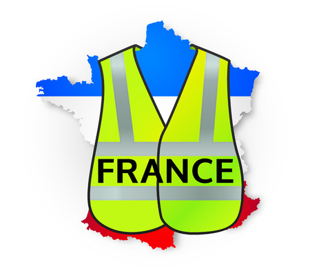 France map in national flag colors with yellow jacket on it, symbol of manifestationsの写真素材