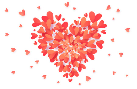 Vector trendy coral pink color heart shape filled with paper hearts confetti isolated on white background.のイラスト素材