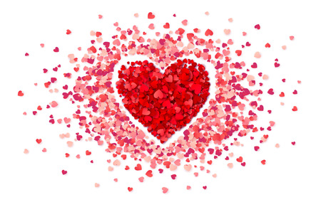 Purple confetti heart in frame of little pink hearts, vector Valentines day card template.