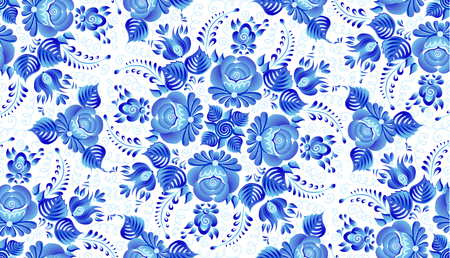 Blue painted flowers in Russian gzhel style vector floral vintage style seamless pattern tile.