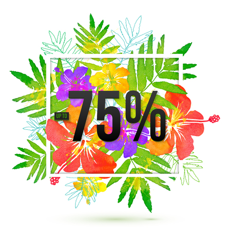 75 percents discount banner vector template on watercolor style tropical leaves background isolated on whiteのイラスト素材
