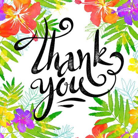 Calligraphic grunge vector sign Thank You in watercolor style tropic leaves and flowers frame.のイラスト素材