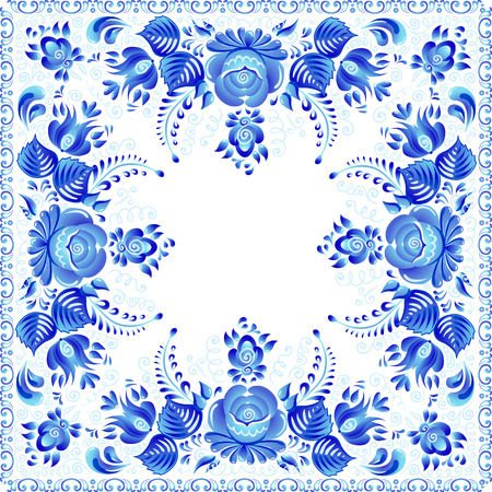 Blue vector floral square napkin in Russian gzhel style.のイラスト素材