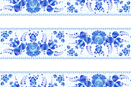 Blue painted flowers in Russian gzhel style vector seamless lines pattern tile with white background.のイラスト素材