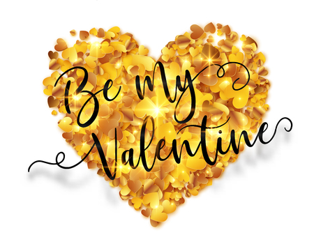 Calligraphic sign Be my Valentine on golden foil confetti hearts vector heart shape isolated on white background.のイラスト素材