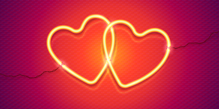 Vector couple of yellow neon hearts with wires on red background, shining symbols of love for Valentines day banner.のイラスト素材