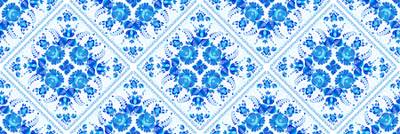 Blue geometrical seamless pattern with painted floral elements in ceramic tiles style.のイラスト素材
