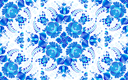 Blue painted flowers in Russian gzhel style vector seamless pattern tile.のイラスト素材