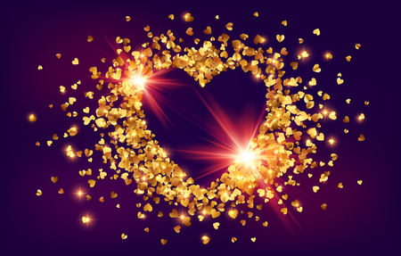 Shining golden foil confetti Valentines day shining heart shape frame on dark background.のイラスト素材