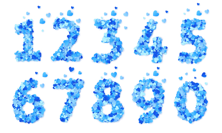 Blue hearts confetti vector Valentines Day numbers set isolated on white background.のイラスト素材