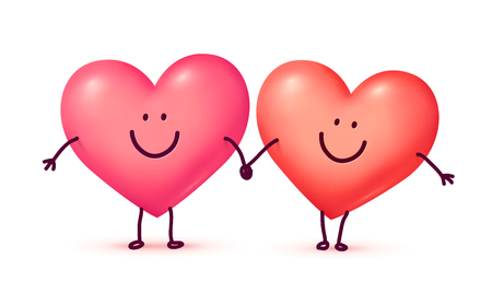 Couple of happy hearts smiling and holding hands, vector Valentines day greeting card elements.のイラスト素材