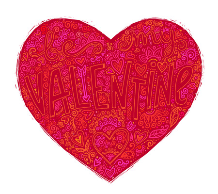 Purple vector heart shape with doodle ornament inside. Valentines Day decoration vector element isolated on white backgroundのイラスト素材