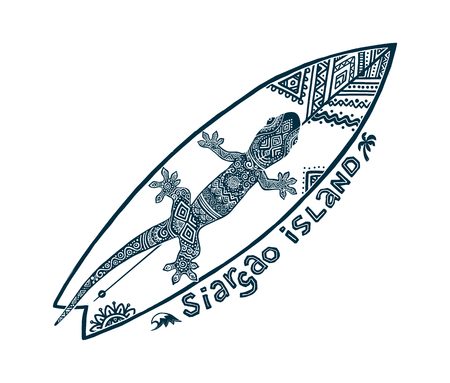 Doodle tribal tattoo style vector surfboard with ornate gecko on it and sign Siargao island. Symbol of Philippines surfingのイラスト素材
