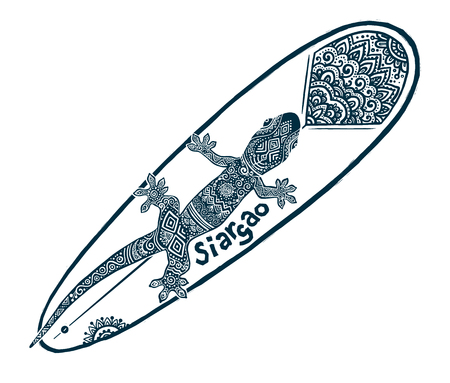 Doodle tribal tattoo style vector surfing longboard with ornate gecko on it and sign Siargaoのイラスト素材