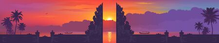 Bali traditional gate silhouette on sunset beach with palm trees and fishing boats background, vector balinese panorama banner illustrationのイラスト素材