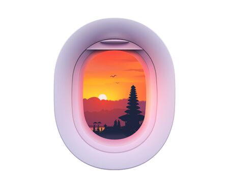 Single plane window with Asian landscape in it, colorful vector illustration isolated on white backgroundのイラスト素材
