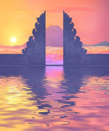 Colorful sunset view on Balinese temple portal silhouette, mountain view in clouds and water reflection. Vector illustrationのイラスト素材