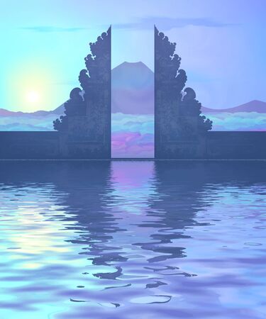 Blue vector Balinese temple portal sunrise silhouette with mountain and clouds view and water reflectionのイラスト素材