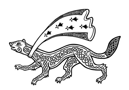 Vector stylized running ermine with black Celtic ornament and breton mantle, blazonry illustration isolated on white backgroundのイラスト素材
