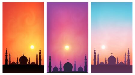 Dark mosque silhouette on colorful sunset sky background. Set of vector poster backdropsのイラスト素材