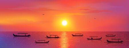Bali fisherman boats in calm ocean at red sunset background, vector Kuta beach illustrationのイラスト素材
