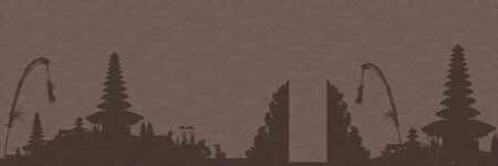 Coffee colors Bali temples silhouettes on doodle clouds background. Vector backdrop for craft paper package or bannerのイラスト素材