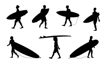 Black surfers with surfboards vector silhouettes set isolated on white backgroundのイラスト素材