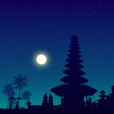 Bali temple vector silhouette night sky backgroundのイラスト素材
