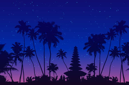 Dark palm trees and balinese temple silhouettesのイラスト素材