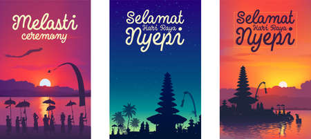 Balinese new year Melasti ceremony and Nyepi colorful vector posters setのイラスト素材