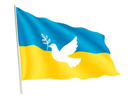 Ukrainian vector flag with white dove of peace on it. Peace for Ukraine concept.のイラスト素材