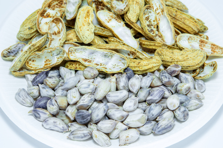 Peanuts and crust peeled on a white plate.