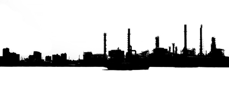 Black silhouette of industrial factories and buildings in urban areas.
