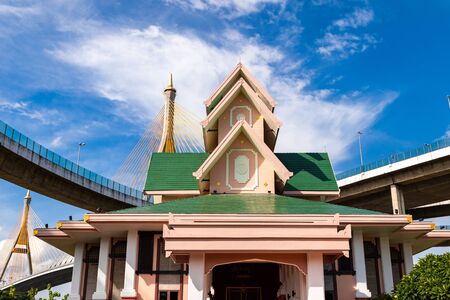 Bhumibol Bridge,Samut Prakan,Thailand-August 18.2019. Look up view museum in Multipurpose yard....