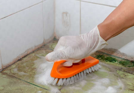 A hand people wear rubber glove is scrubbing brush on surface of the floor is spread of disease and bacteria.の写真素材