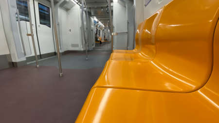 Close up and copy space. Empty seats in BTS train which is the destination range of the station to...