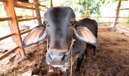 Close up view. The young cow dark brown body was enclosed in a stable. Because the sun is very hot during the day. In rural of Thailand.の写真素材