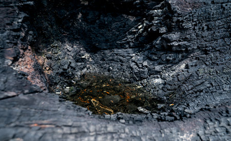Close up view small puddle from the rain pouring down with water on burning log. Turned into char until black and charred.の写真素材