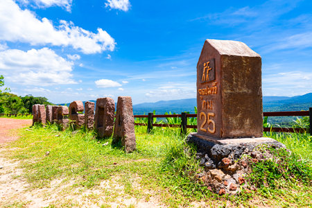 Old cement pillar is destination or end point for the journey to viewpoint in the national park. Can see wide area of the forest. Translation on post text"Viewpoint Kilometer 25"の写真素材