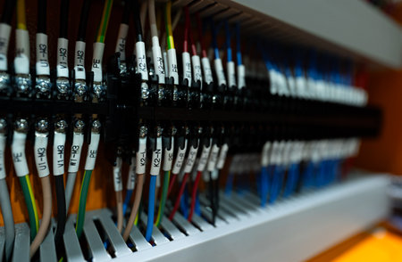 Close up view and low light of Main control box connection point to the circuit board. And electrode system inside the control cabinet.の写真素材