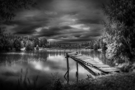 Forest lake in autumnの写真素材