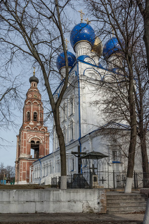 City Russian landscape with Orthodox Churches under blue cloudy sky in summer day.の写真素材