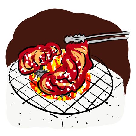 Hand-painted illustrations of charcoal grilled meatのイラスト素材