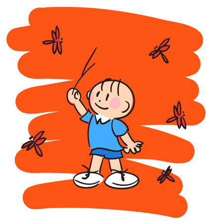 Child illustration vector chasing red dragonflyのイラスト素材