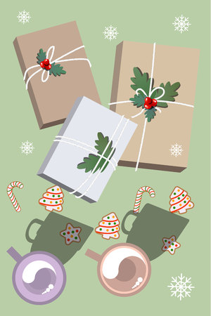 Vector illustration of Christmas elements on green background.のイラスト素材